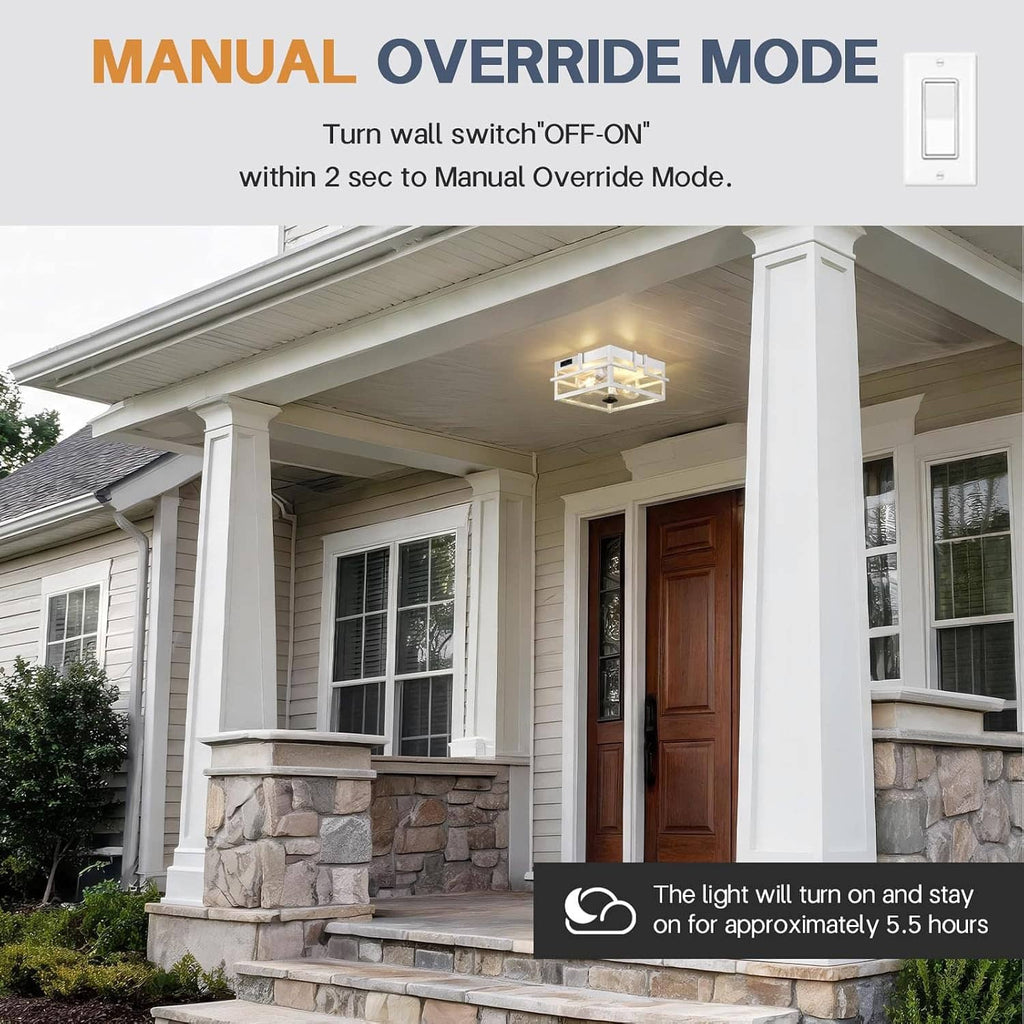 White outdoor flush ceiling light under a covered porch ceiling with two illuminated bulbs