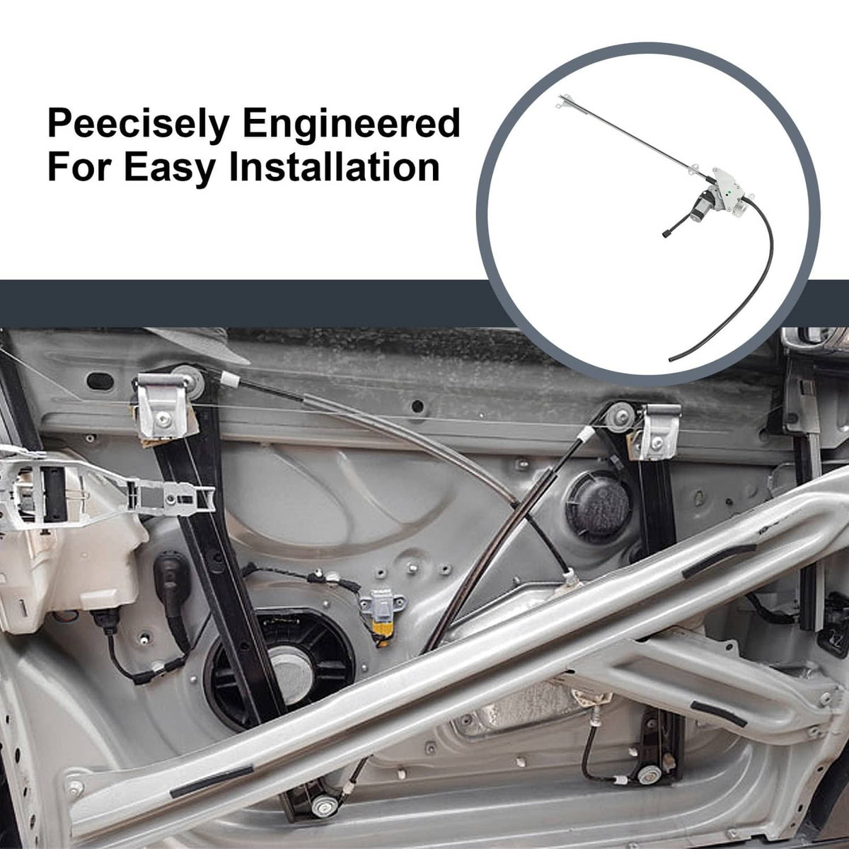 Vehicle door power window regulator with motor and guide rods