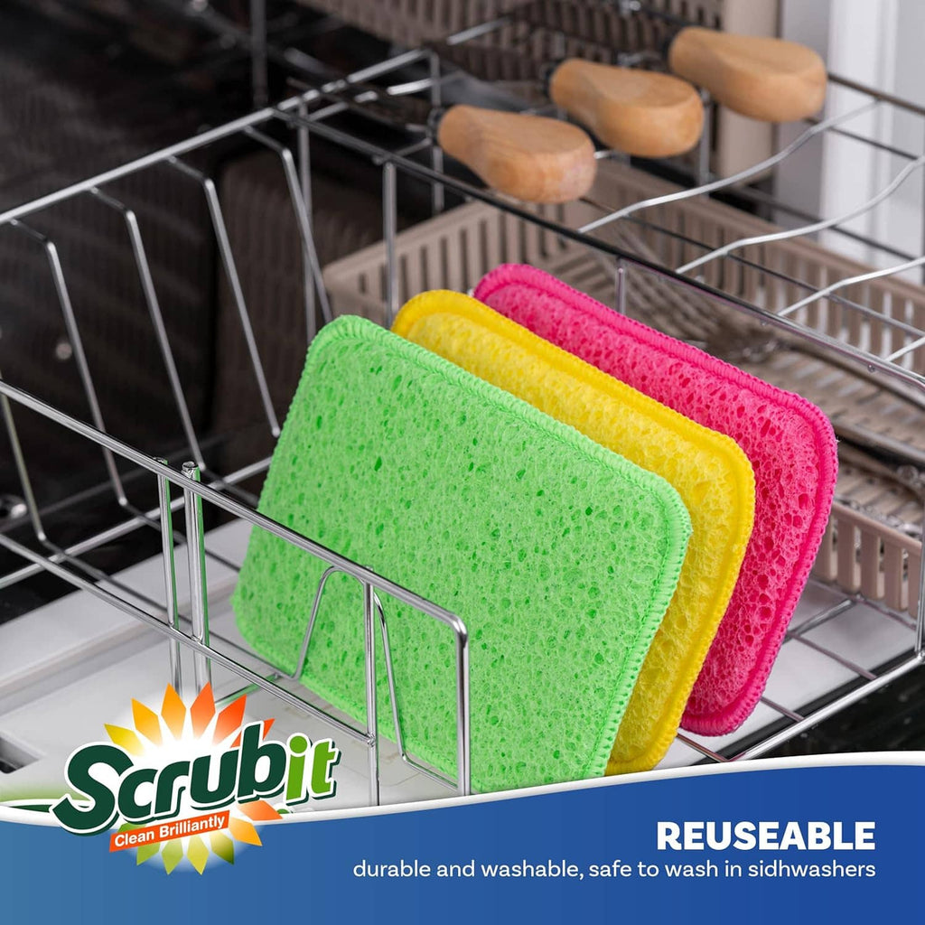 Dishwasher rack with colorful reusable scrub and wipe sponge pads