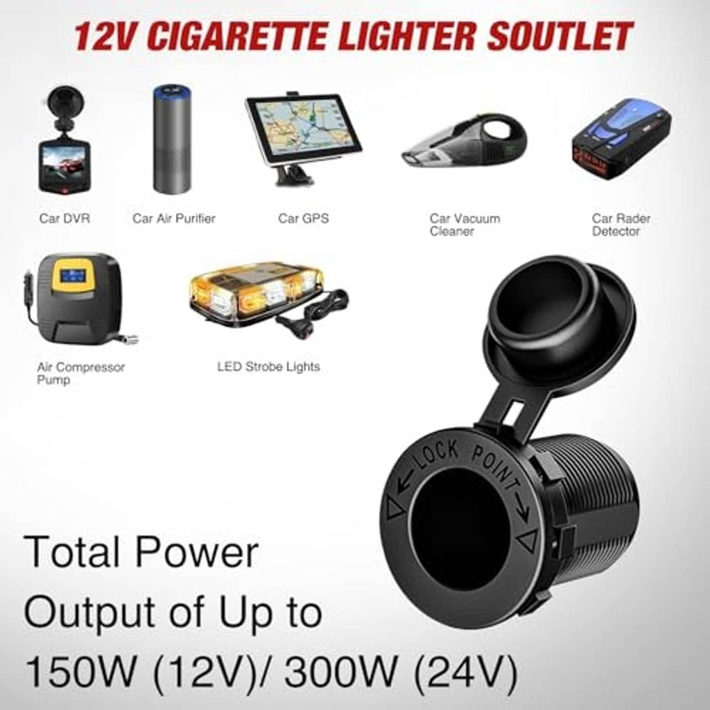 Car 4-in-1 charger socket panel with blue QC and DC voltage meter, rotary lock cap