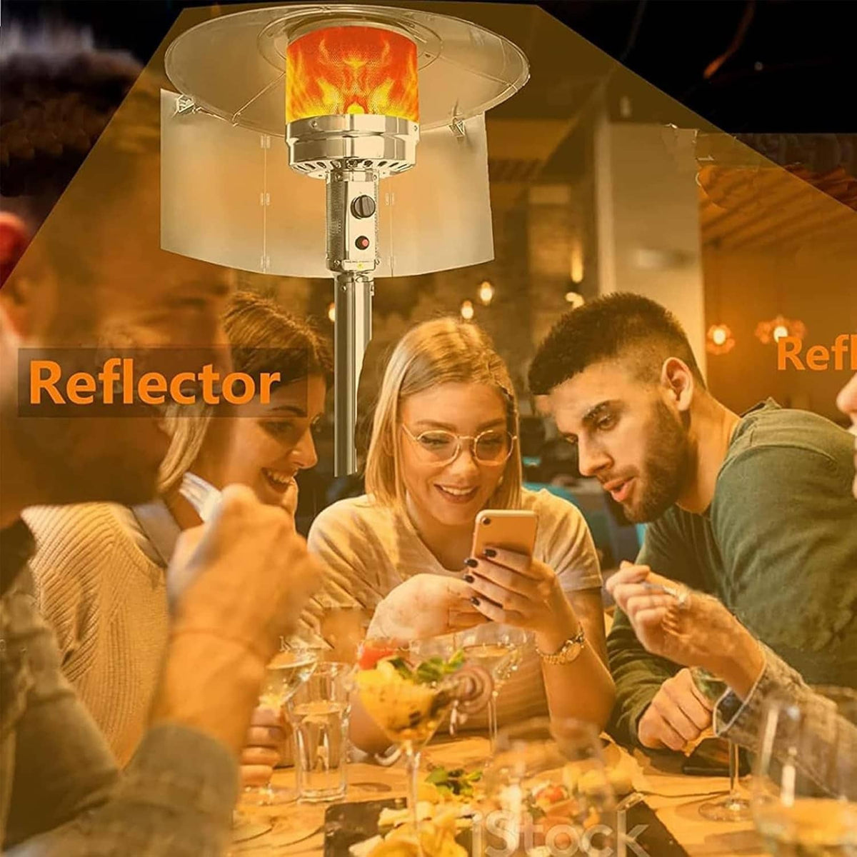 Patio heater reflector shield with heat reflecting top cover for outdoor warmth