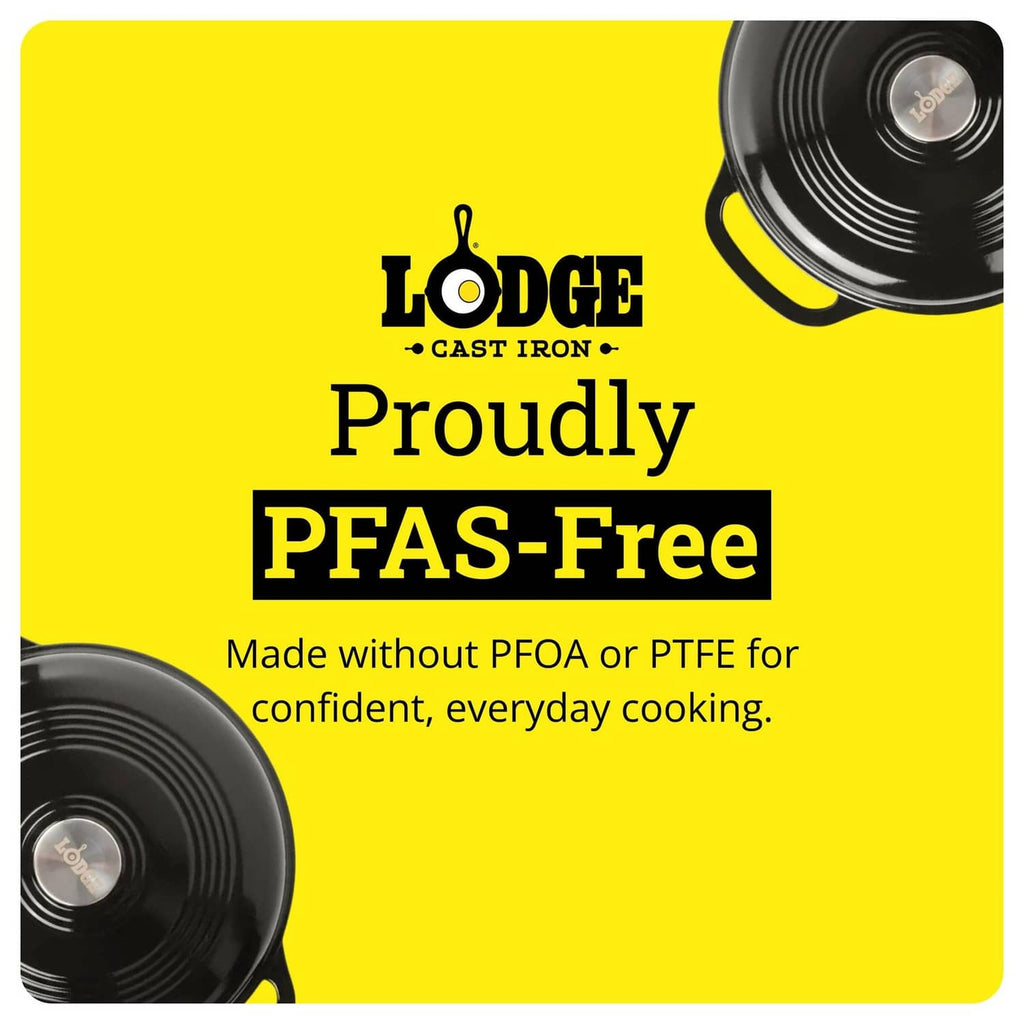 Lodge cast iron Dutch oven lids partially shown on a bright yellow background