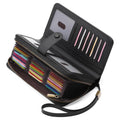 Black leather zip wallet with wrist strap, card slots, and front ID window