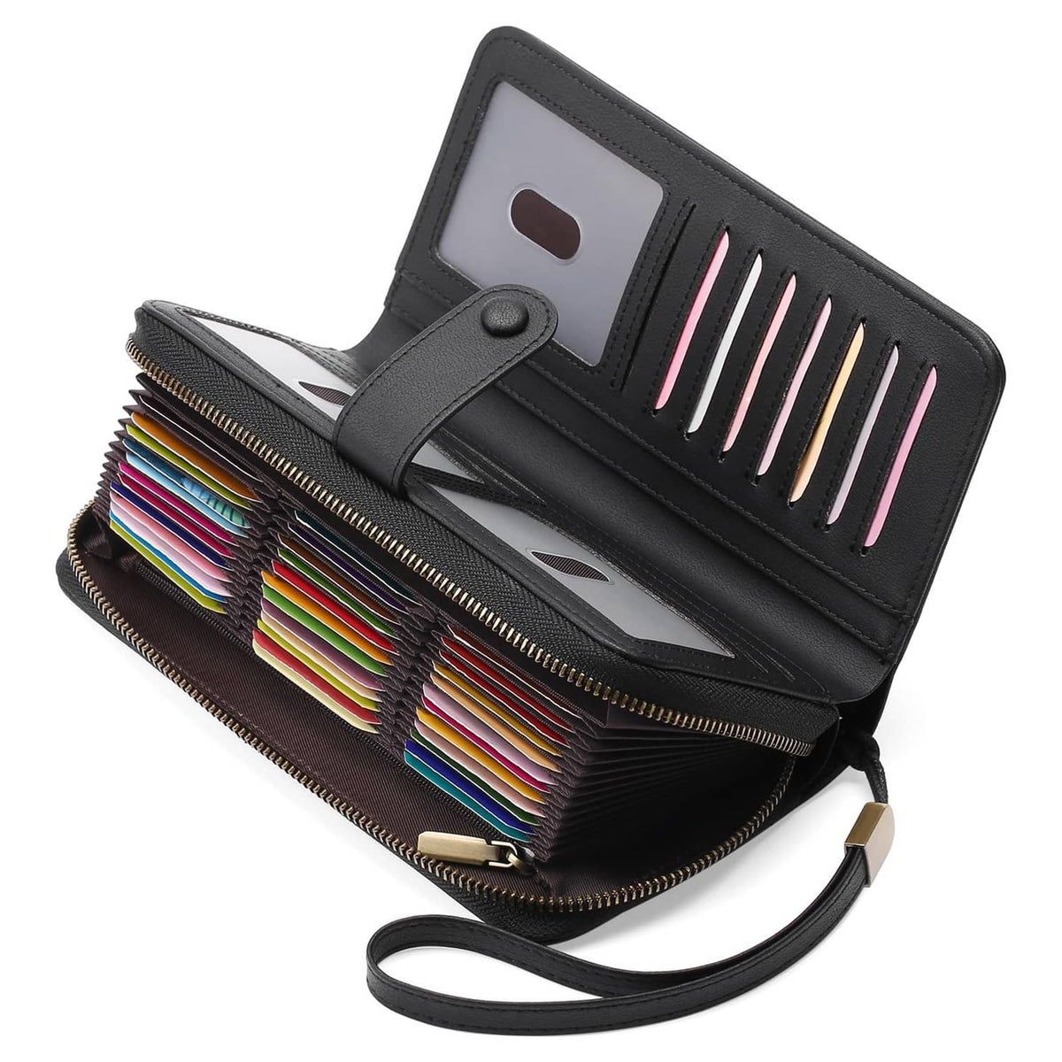 Black leather zip wallet with wrist strap, card slots, and front ID window