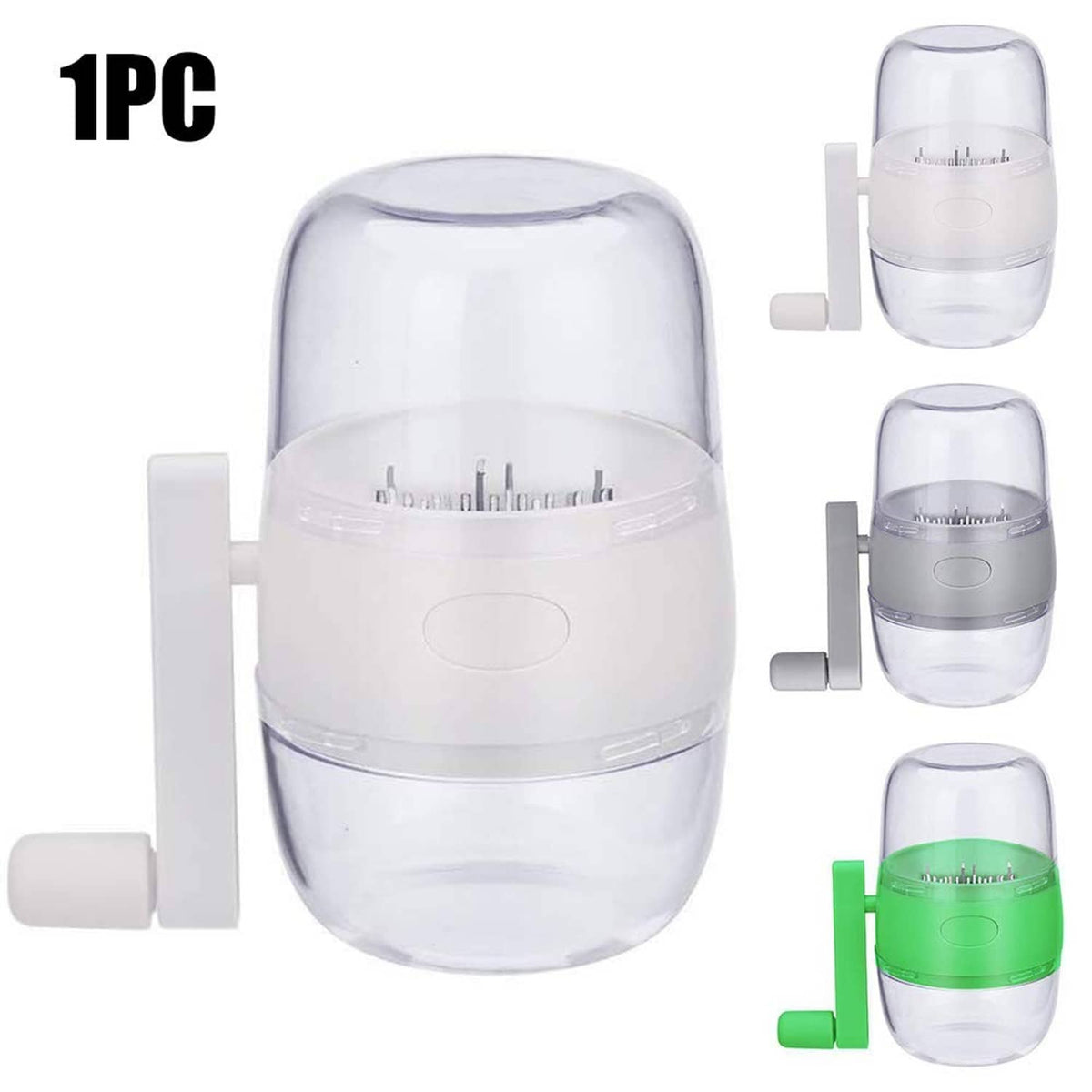 Nut chopper set showing three views: clear cup and white crank handle