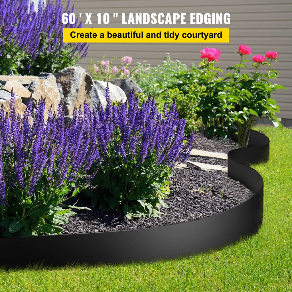 Black curved garden edging strip bordering flowers and lawn, terrace-style border