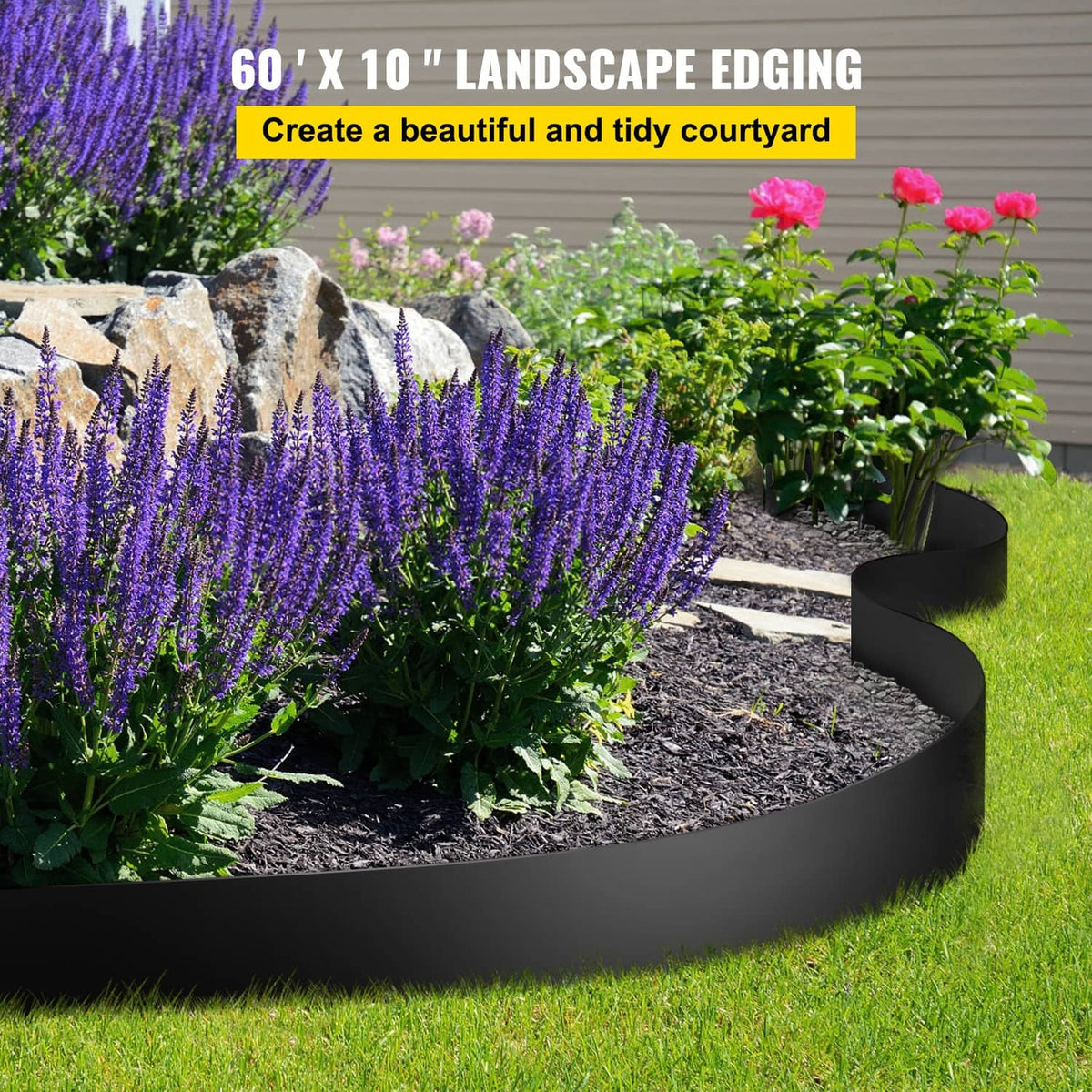 Black curved garden edging strip bordering flowers and lawn, terrace-style border