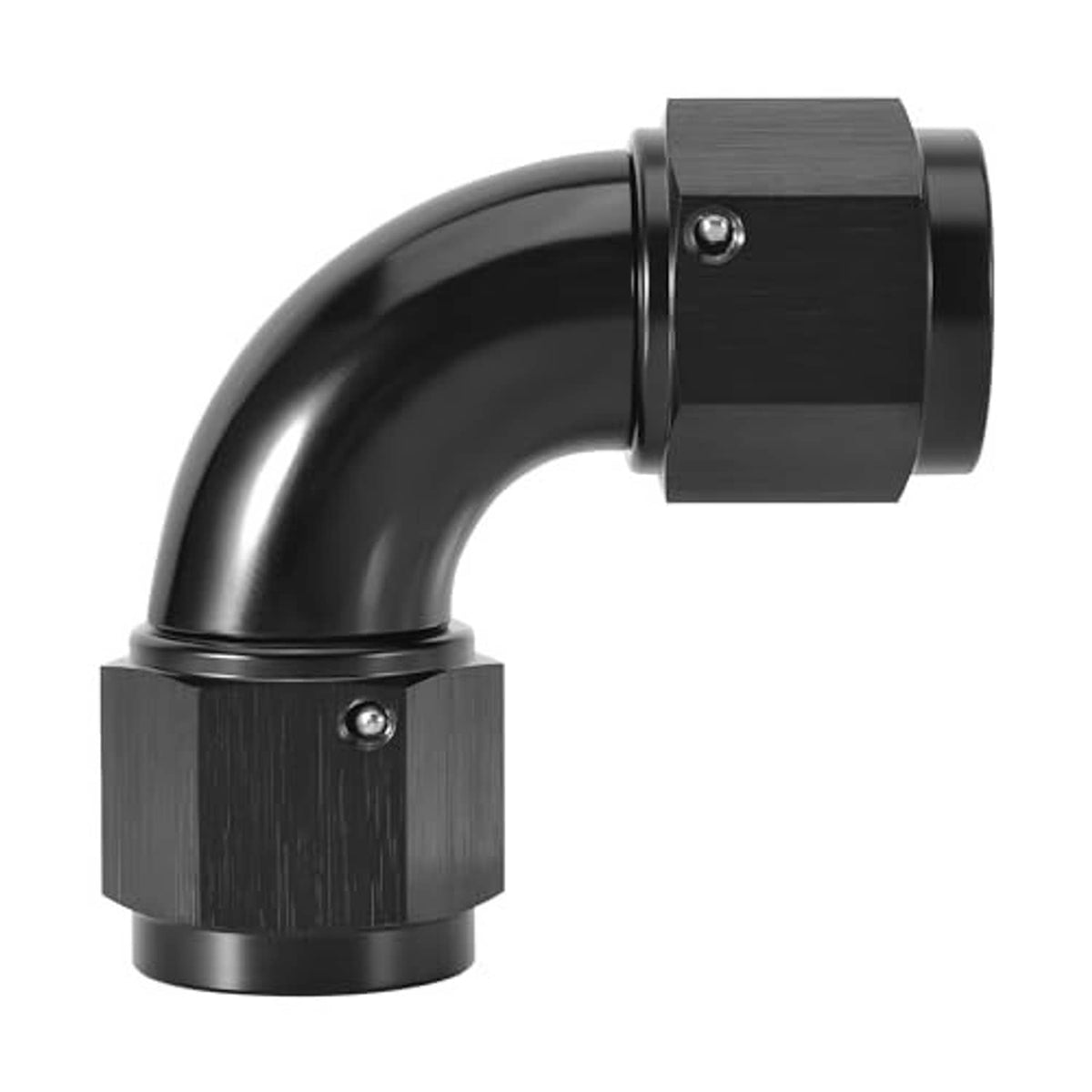 90-degree 6AN female-to-female swivel coupler union with two ports, black finish