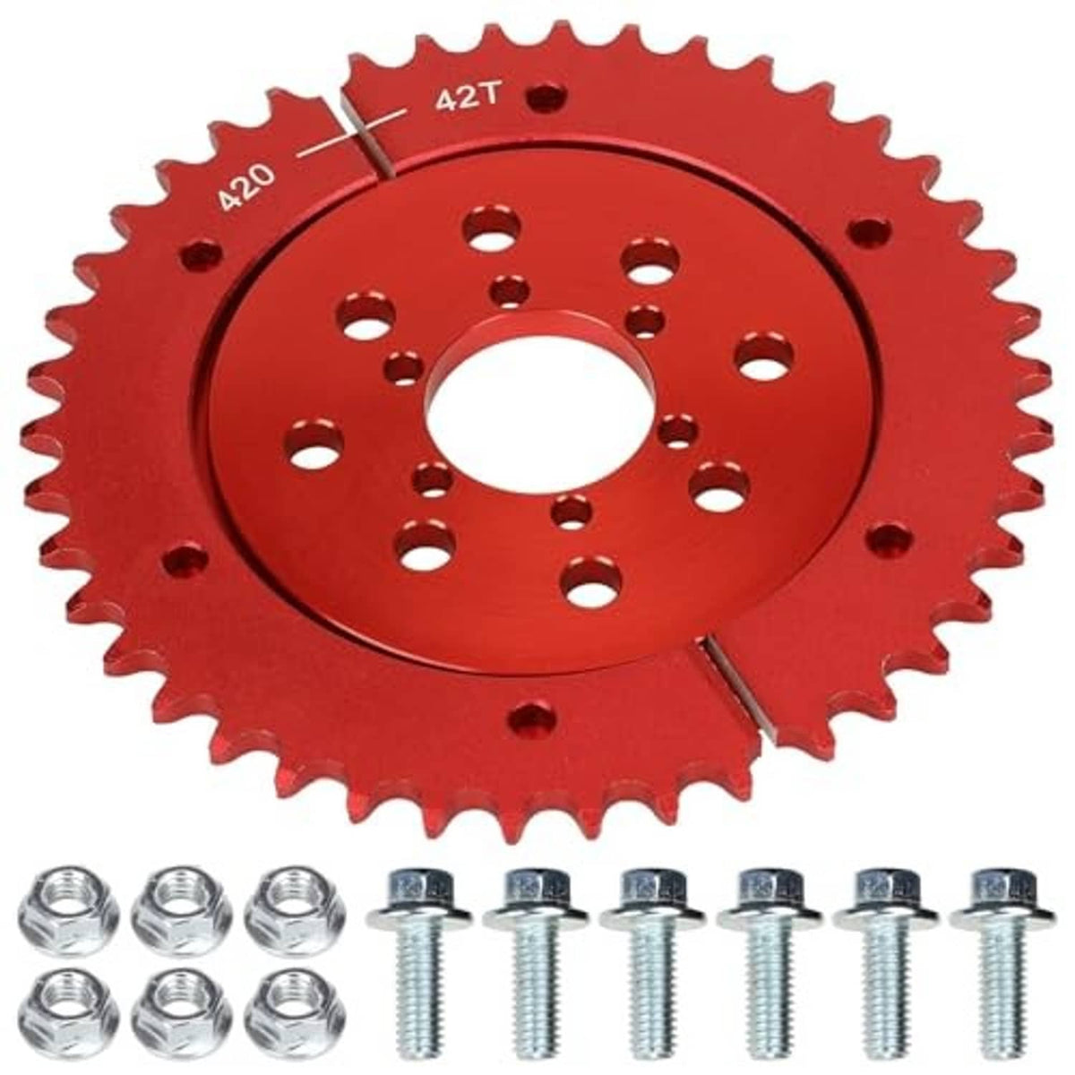 Red 42T split chain sprocket with nuts and bolts hardware for 420 chain