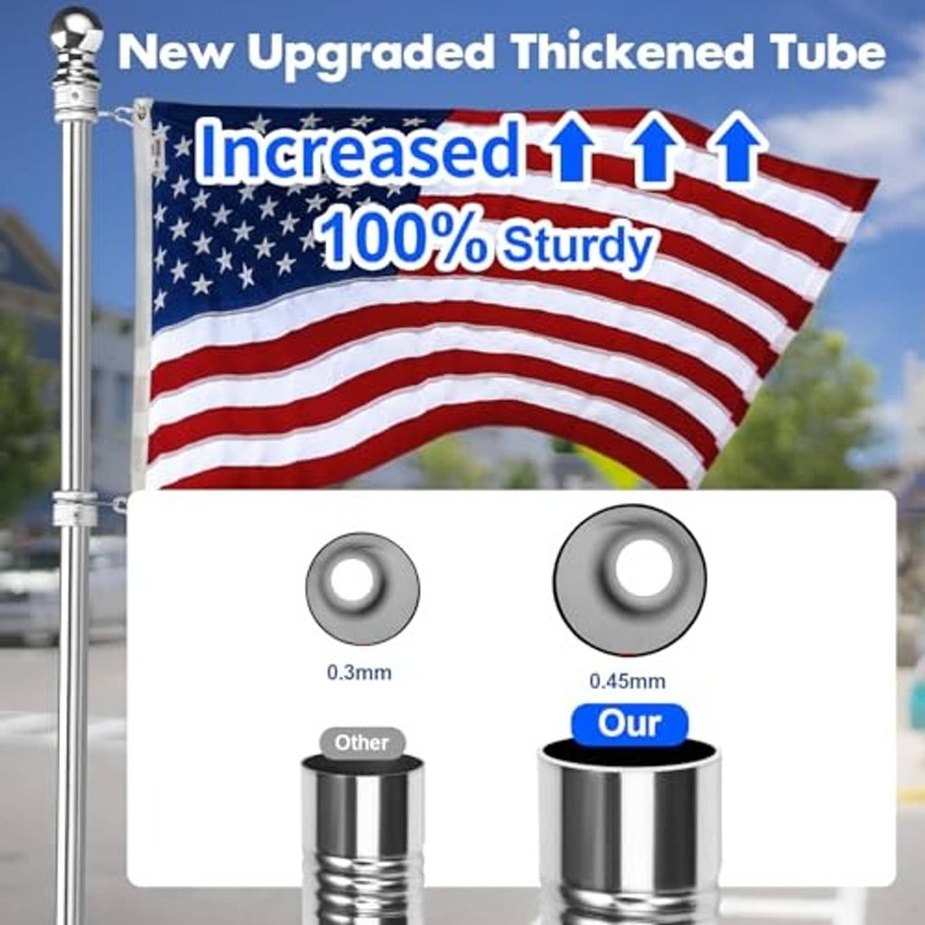 Stainless steel flag pole with ornament finial and hanging U.S. flag on a pole
