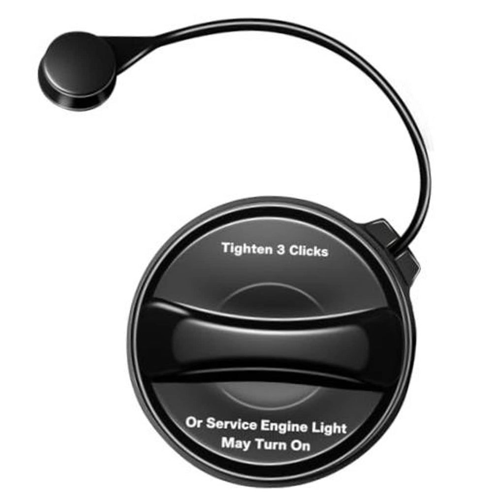 Round black fuel gas cap with tether; reads “Tighten 3 Clicks” on top