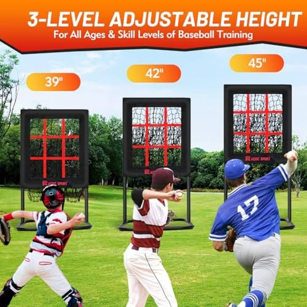Adjustable free-standing pitching net with black frame and red strike-zone grid for drills.