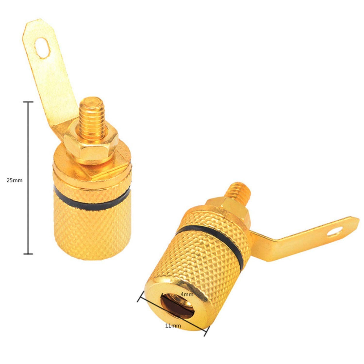 Gold-plated 4mm banana jack binding posts with mounting tab, 25mm height shown