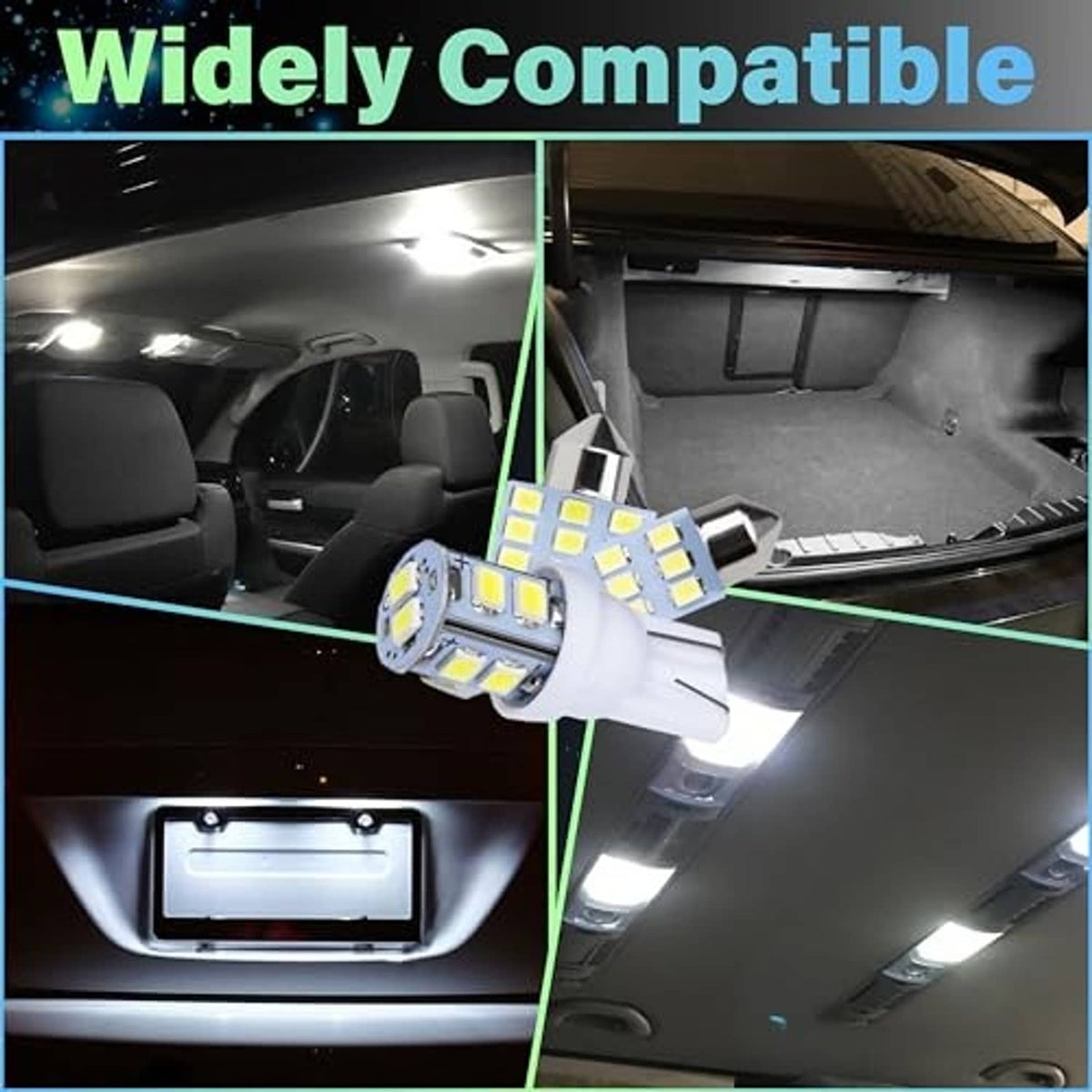 LED dome light bulbs illuminating a car interior ceiling fixture, white LED boards