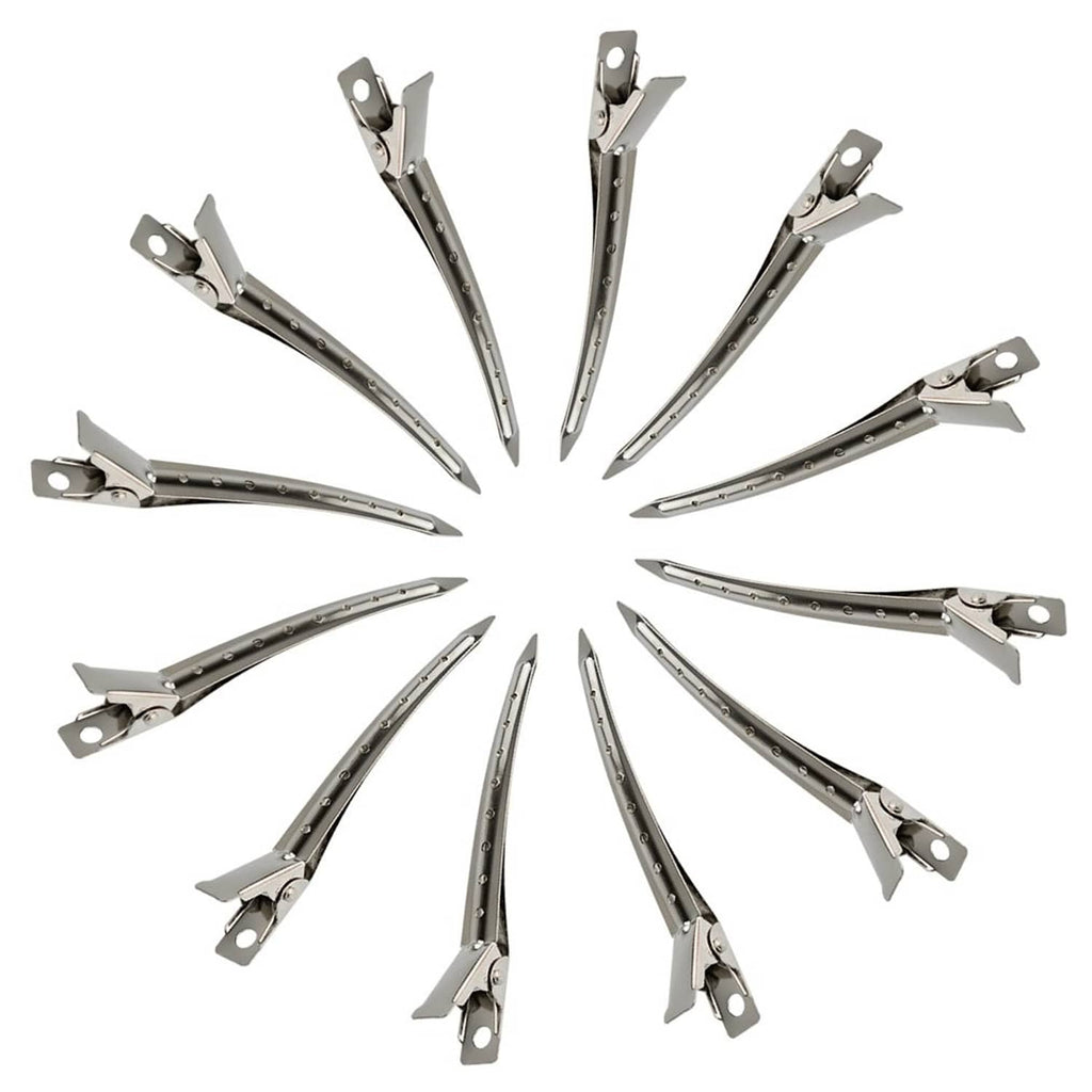 Assorted metal duck-bill clips with alligator-style grips, shown separated