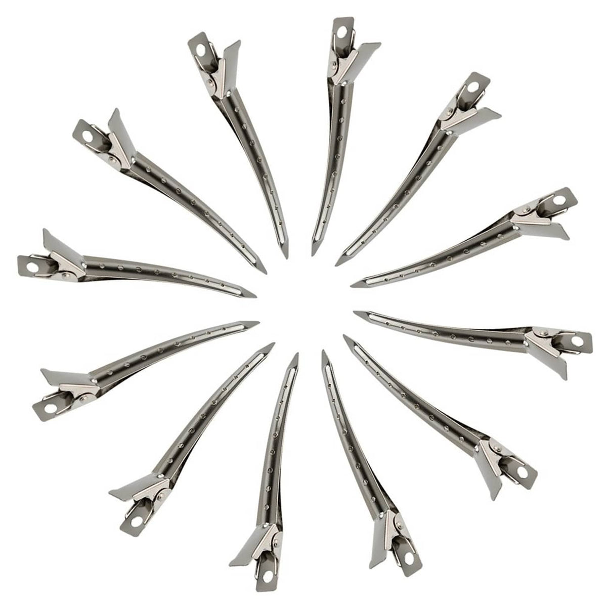 Assorted metal duck-bill clips with alligator-style grips, shown separated