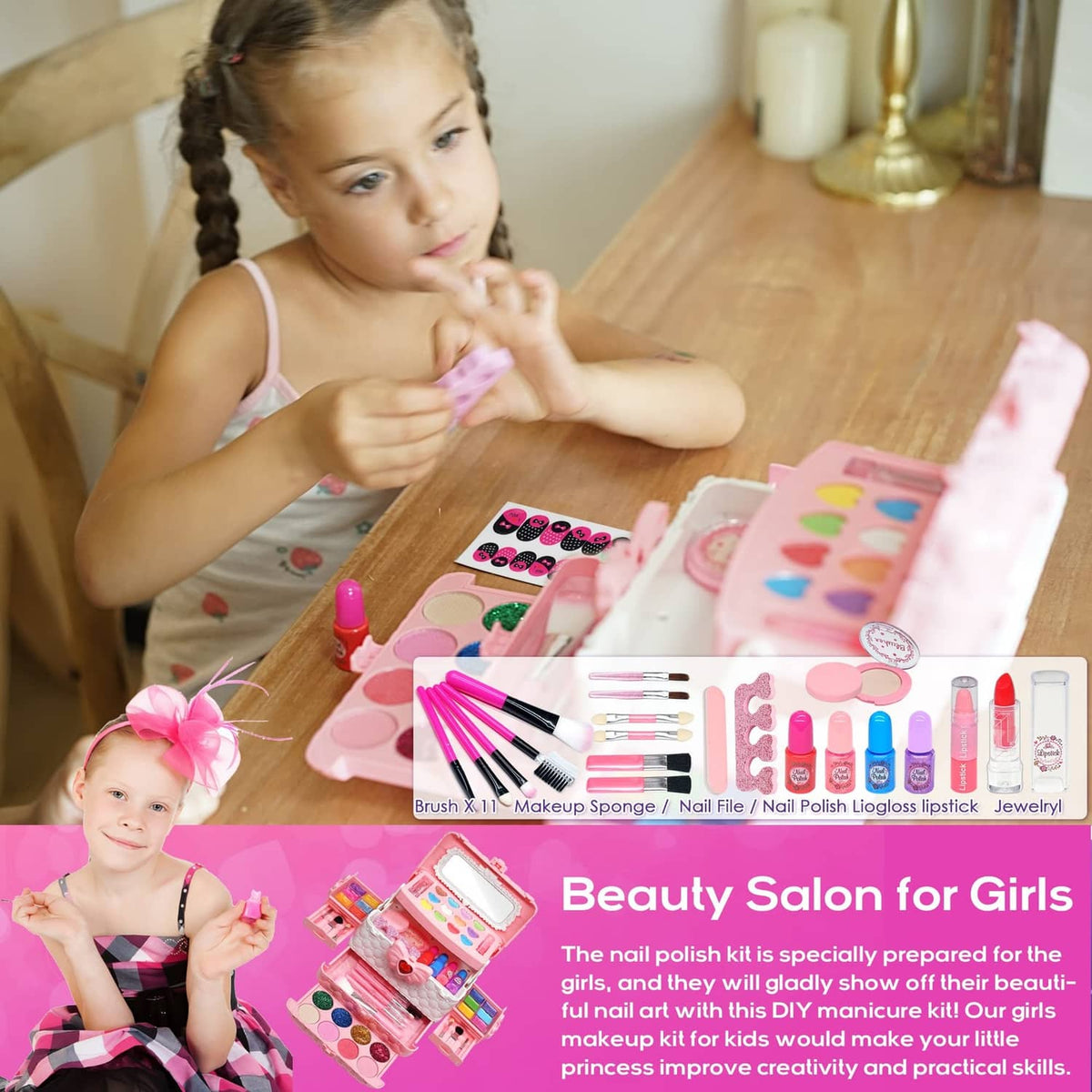 Pink kids makeup set with open case, makeup brushes, nail polish bottles, and lip gloss