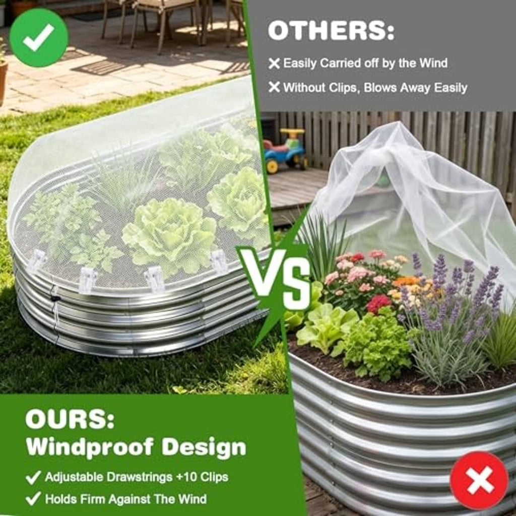 White mesh netting over raised bed with silver frame and visible fastening clips