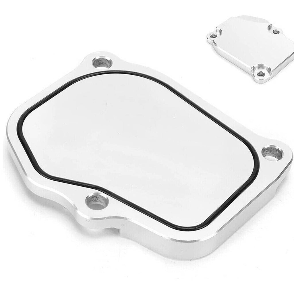 Billet timing cover plate with black gasket seal, angled view, silver aluminum