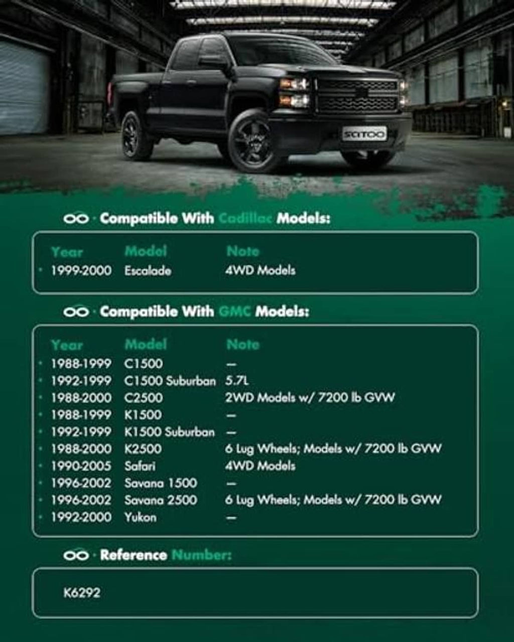 Compatibility chart for Cadillac and GMC models with front upper ball joint reference K6292