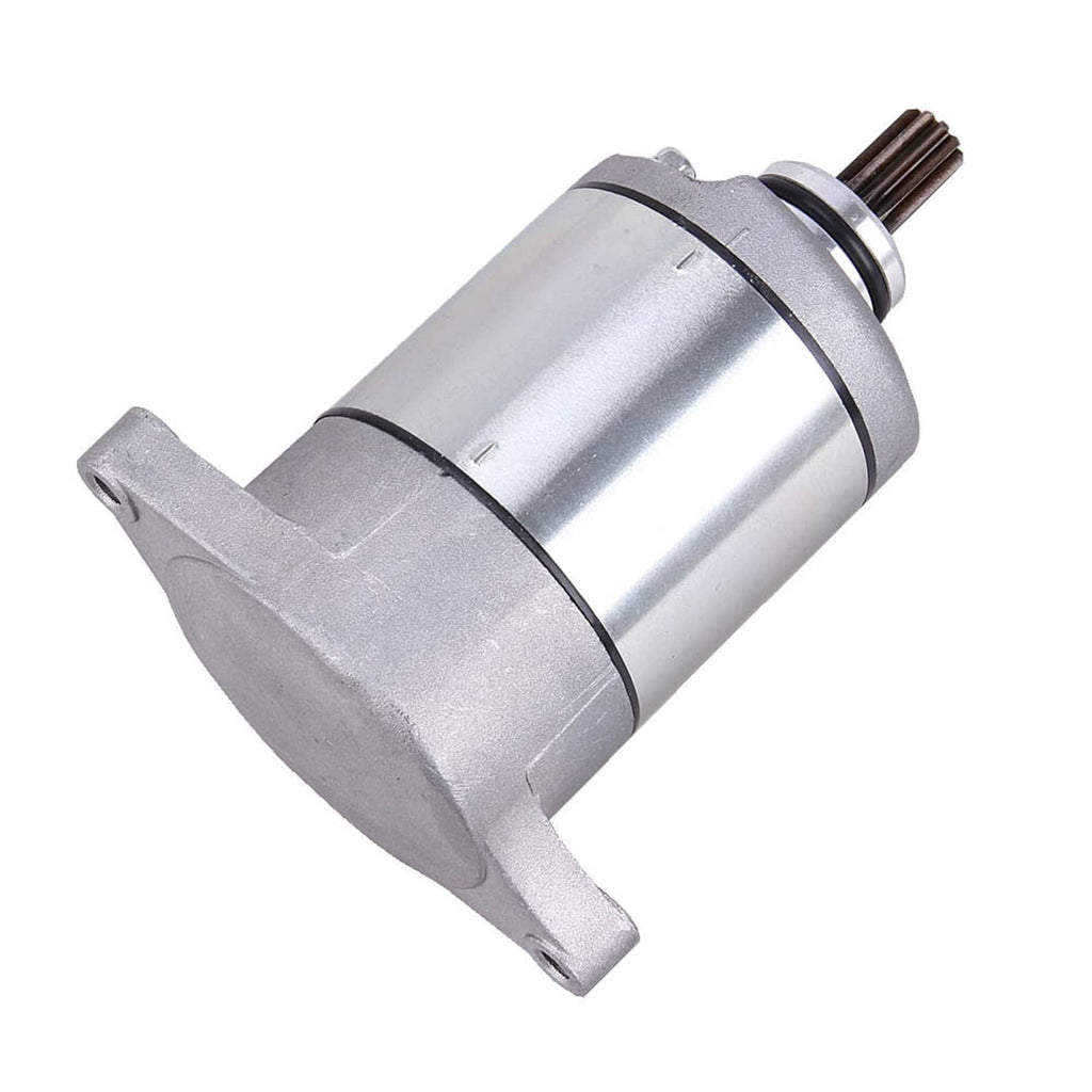 Starter motor assembly angled view with mounting ears and splined output shaft, silver body