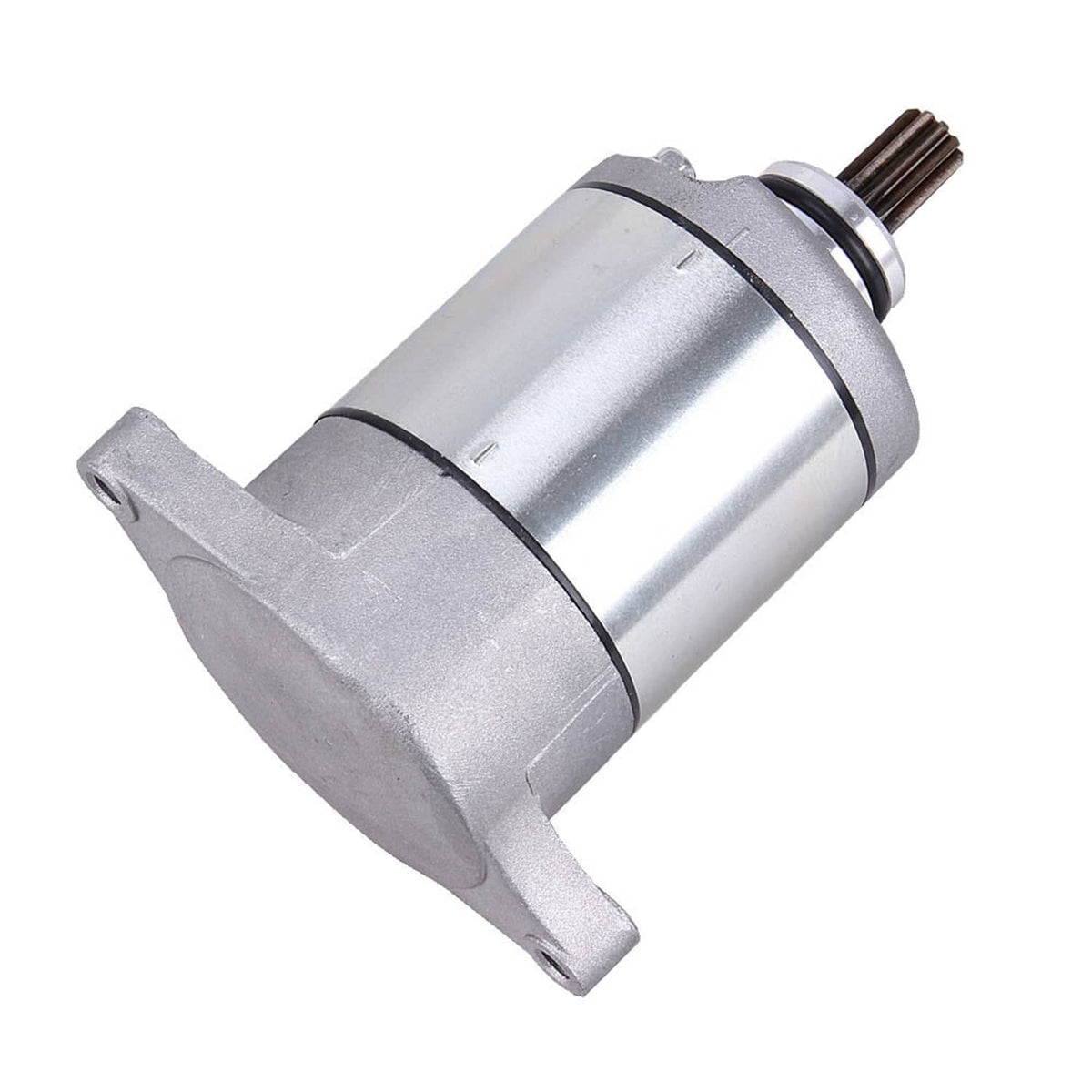 Starter motor assembly angled view with mounting ears and splined output shaft, silver body