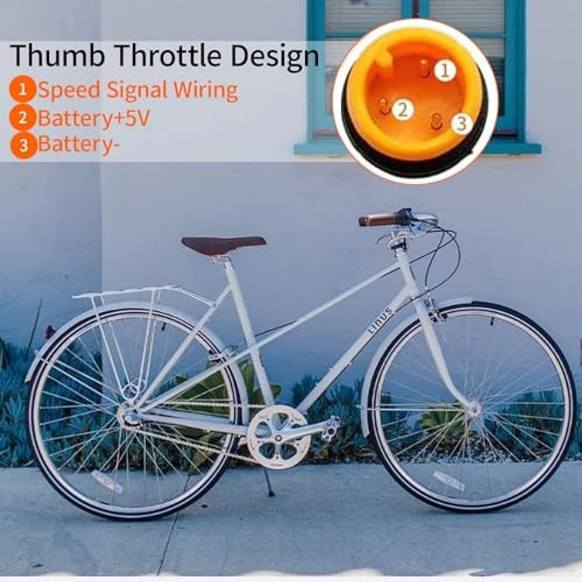 Thumb throttle control for bicycle: black unit with cable and orange plug