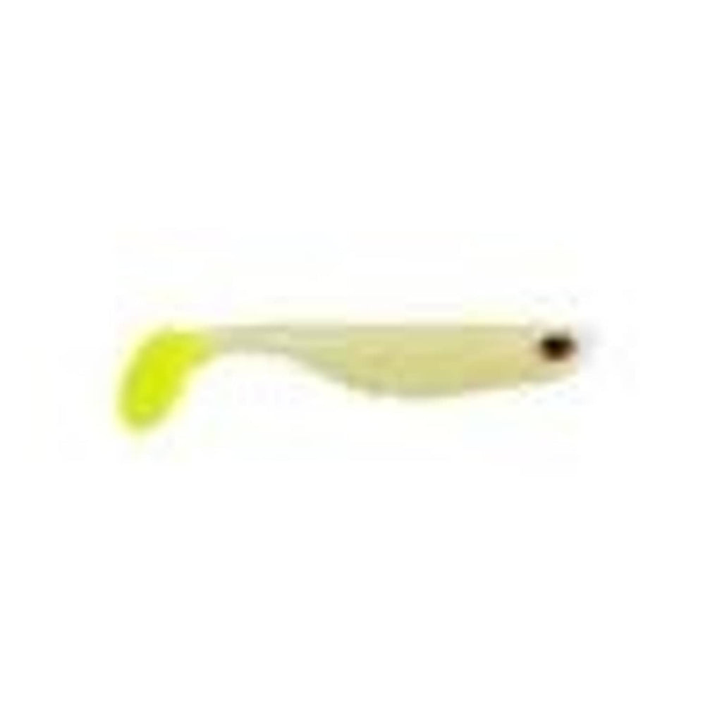 Soft plastic shad fishing bait, small light green-yellow body with dark eye spot