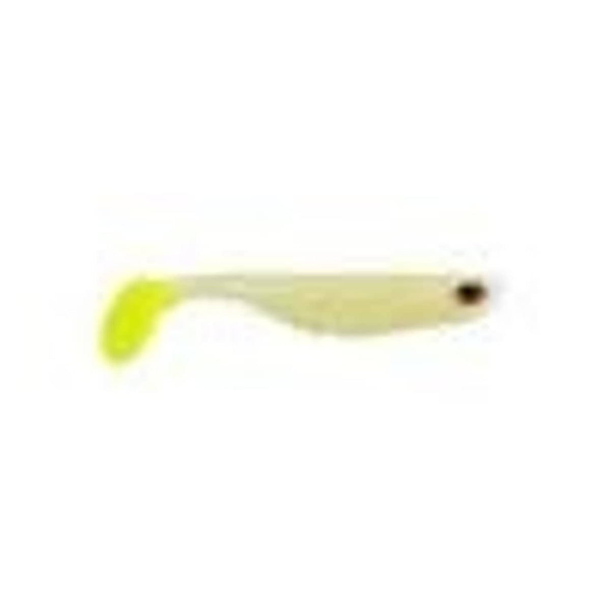 Soft plastic shad fishing bait, small light green-yellow body with dark eye spot