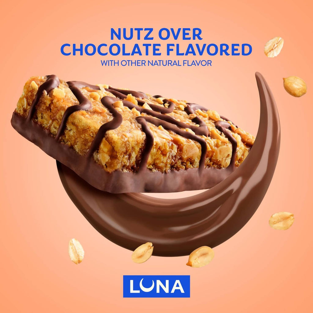 LUNA Nuts Over Chocolate flavored protein bar with chocolate drizzle and nuts
