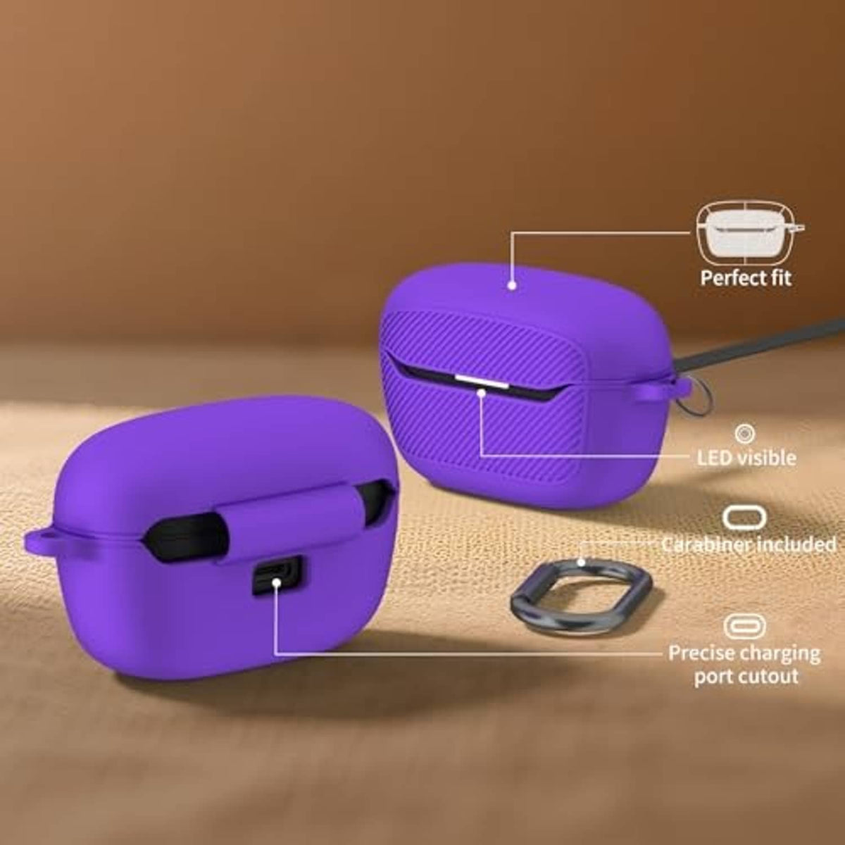 Purple silicone protective case with carabiner; charging port cutout visible