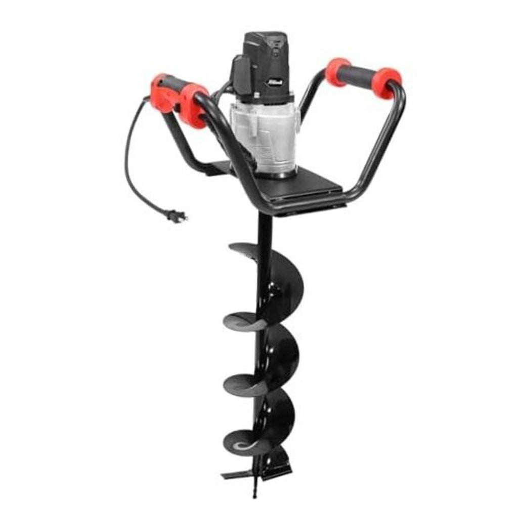 Electric post hole digger with spiral auger bit, black frame and red handle grips