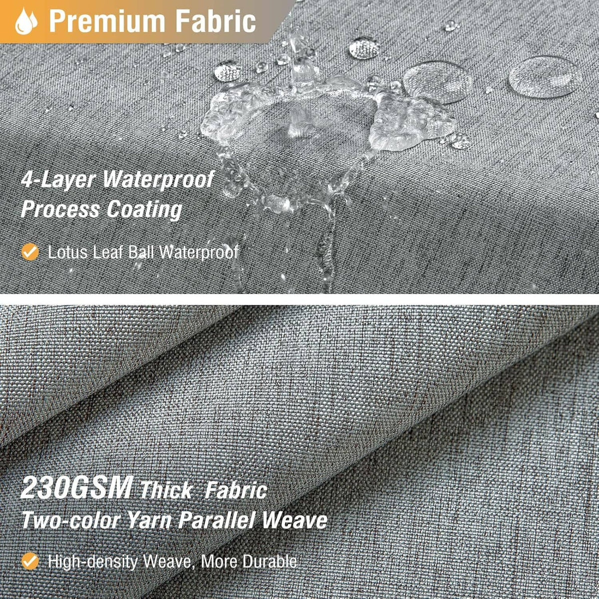 Grey linen-textured shower curtain fabric with water droplets beading on the surface
