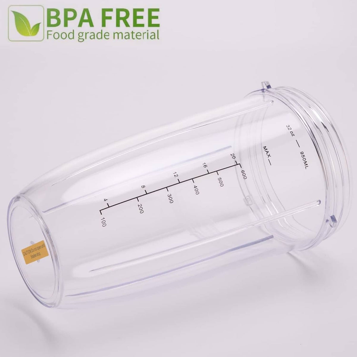 Clear 32 oz blender cup with measurement marks and BPA-free label