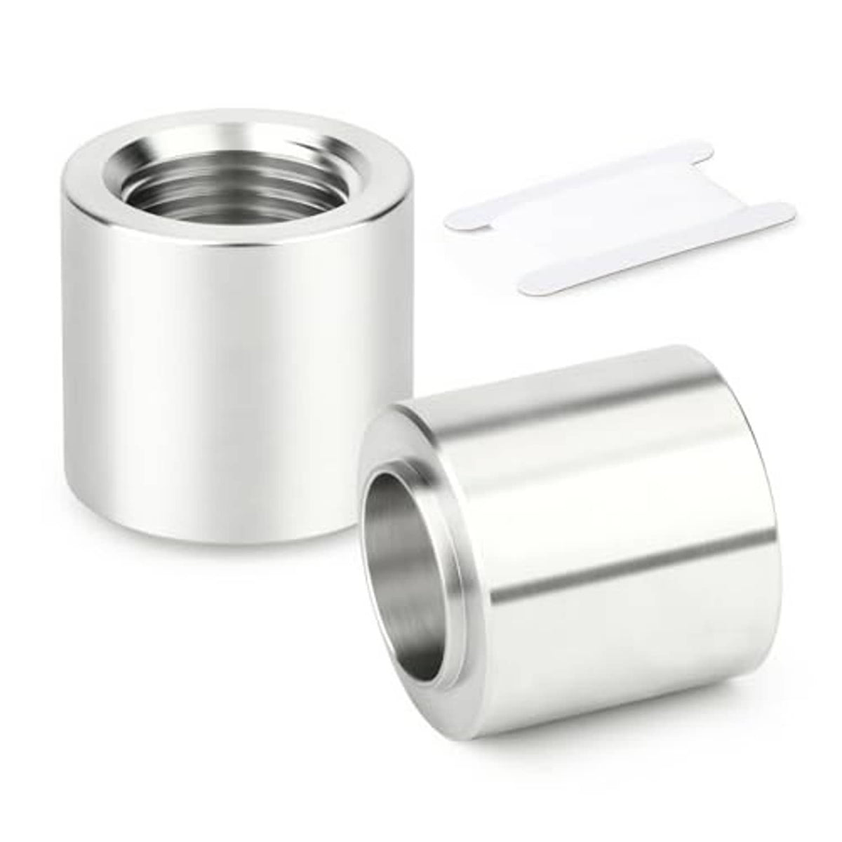 Silver aluminum weld-on bung with female pipe threads and open cylinder body
