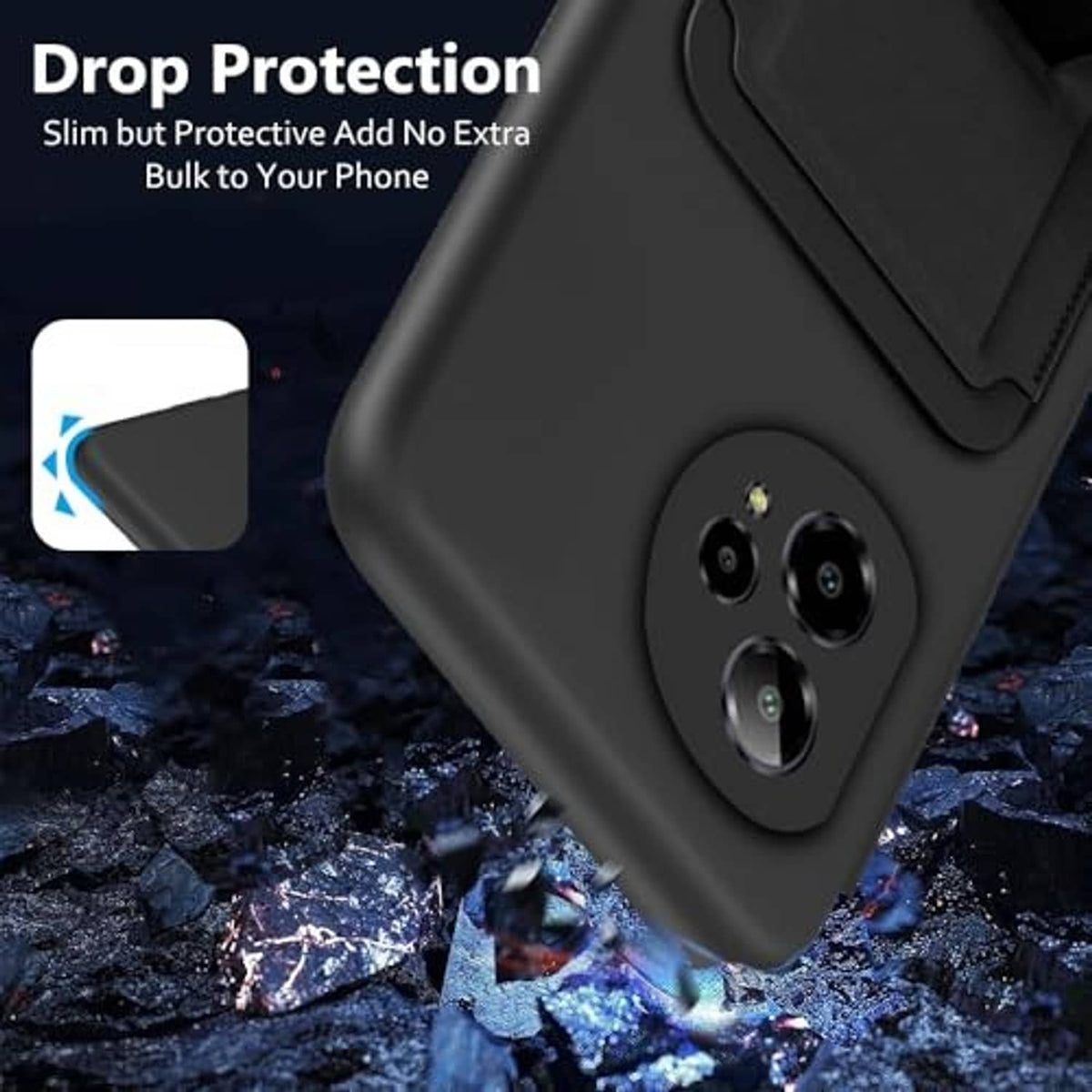 Matte black phone case with camera cutouts and raised bumper around edges