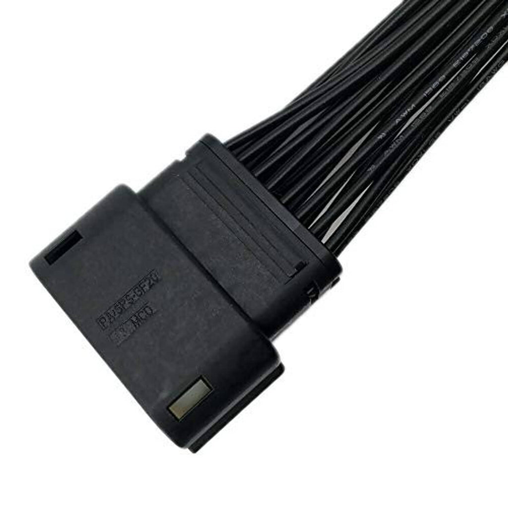 Headlight connector pigtail plug body, black housing with molded label and wire leads