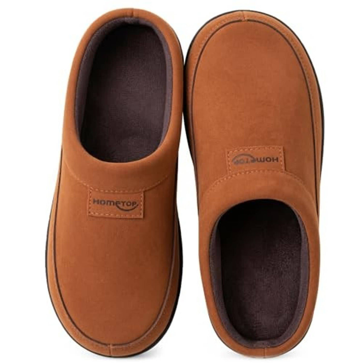 Tan men's moccasin slippers with open heel, plush interior, and stitched logo patch