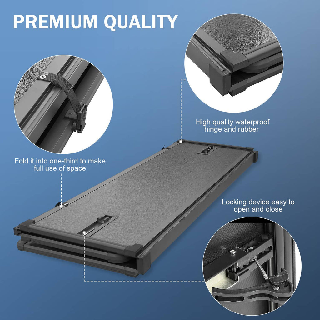 Hard tri-fold tonneau cover hinge and locking hardware detail in gray finish