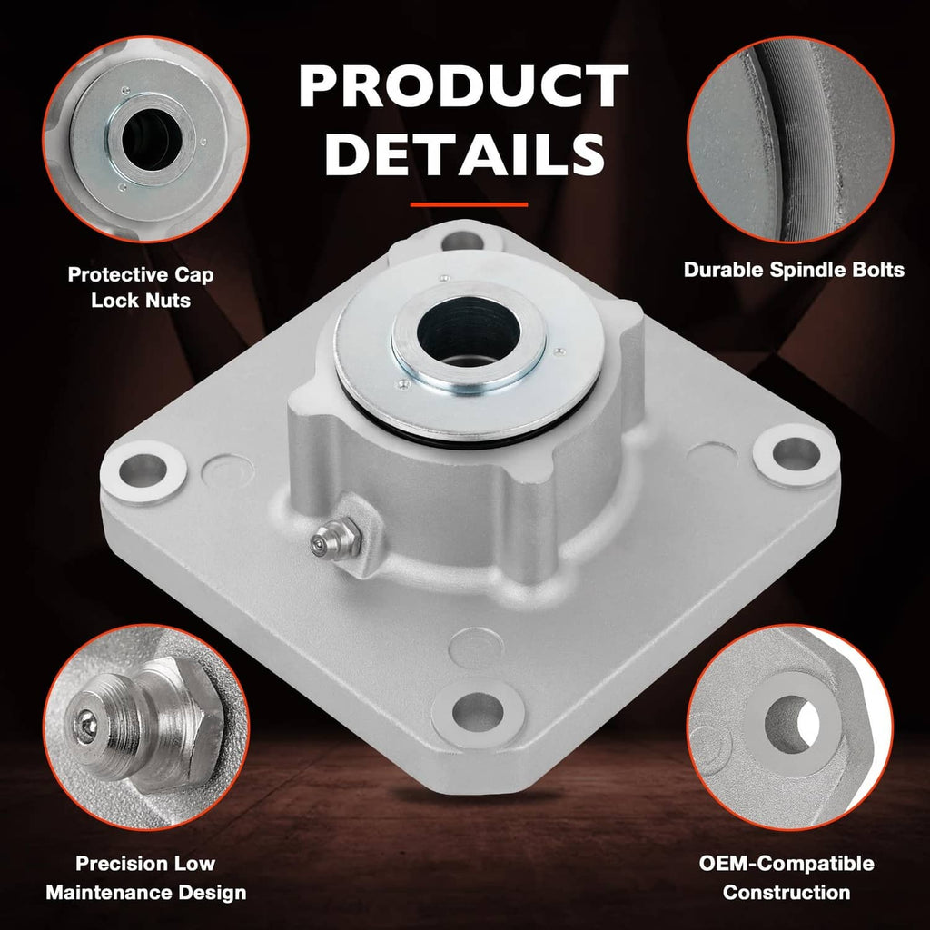 Mower deck spindle assembly with protective cap, durable bolts, and spindle bore