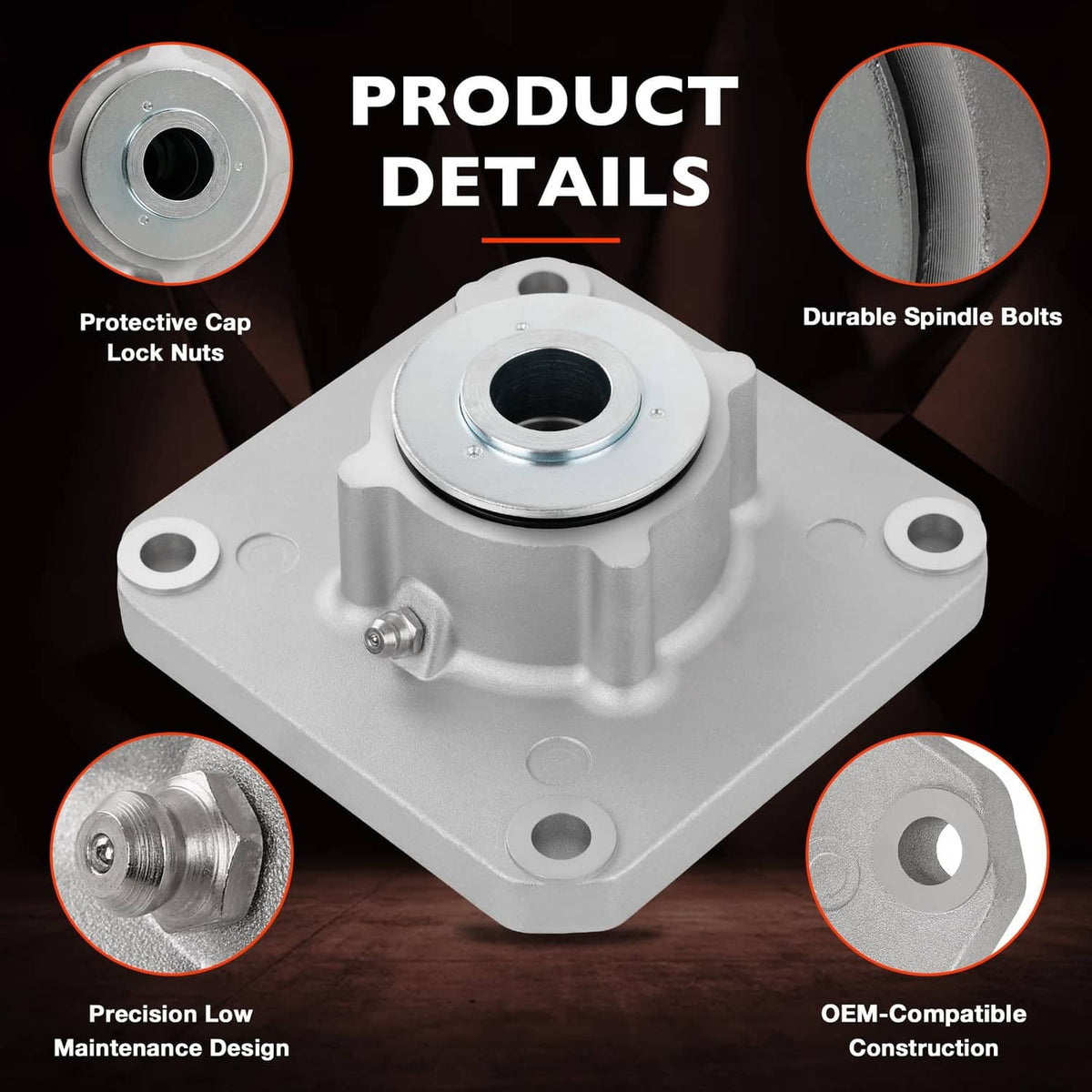 Mower deck spindle assembly with protective cap, durable bolts, and spindle bore