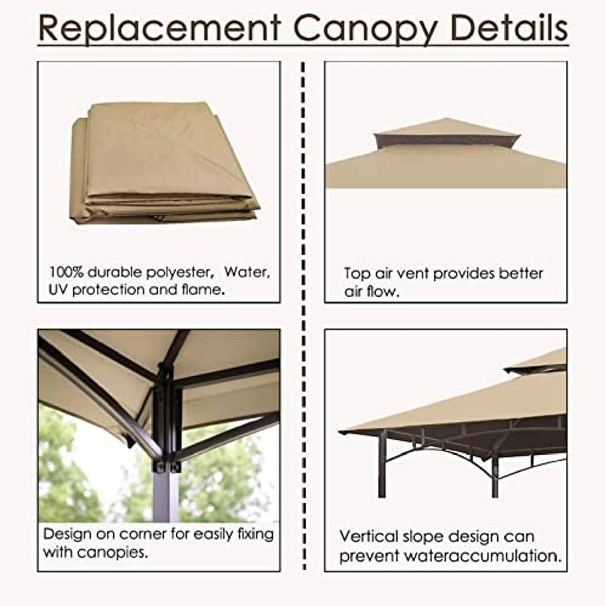 Beige replacement canopy details with corner attachment design and top air vent