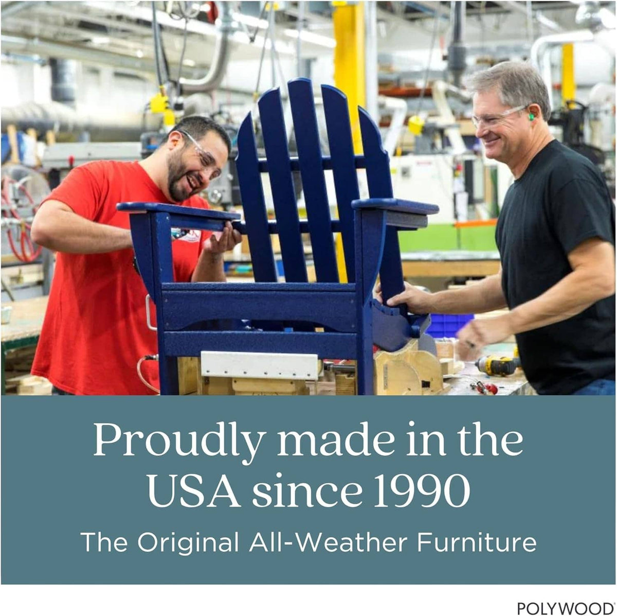 Blue Adirondack chair held during manufacturing in a workshop setting