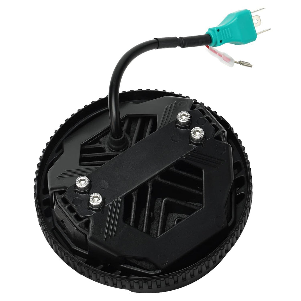 Back view of black LED motorcycle headlight with heat-sink fins and mounting bolts