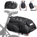 Black waterproof bicycle rear rack trunk bag with side pockets, straps, and rain cover