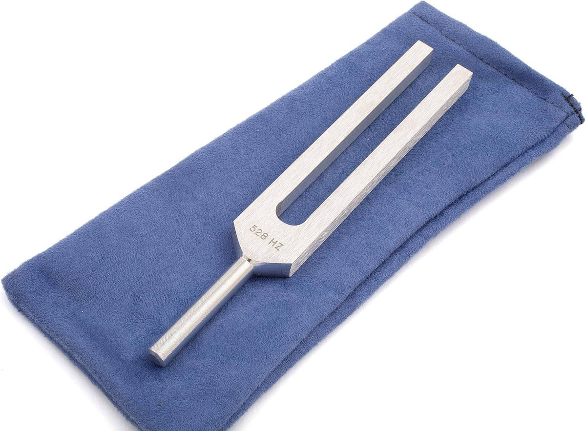 528 Hz tuning fork with aluminum prongs in blue fabric pouch