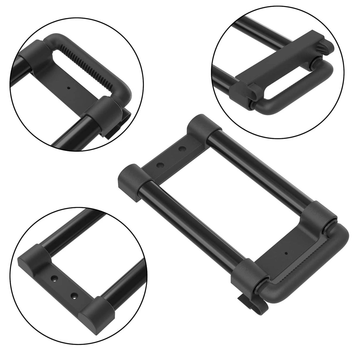 Black telescoping cooler handle with ridged grip and corner mounting clips, detail