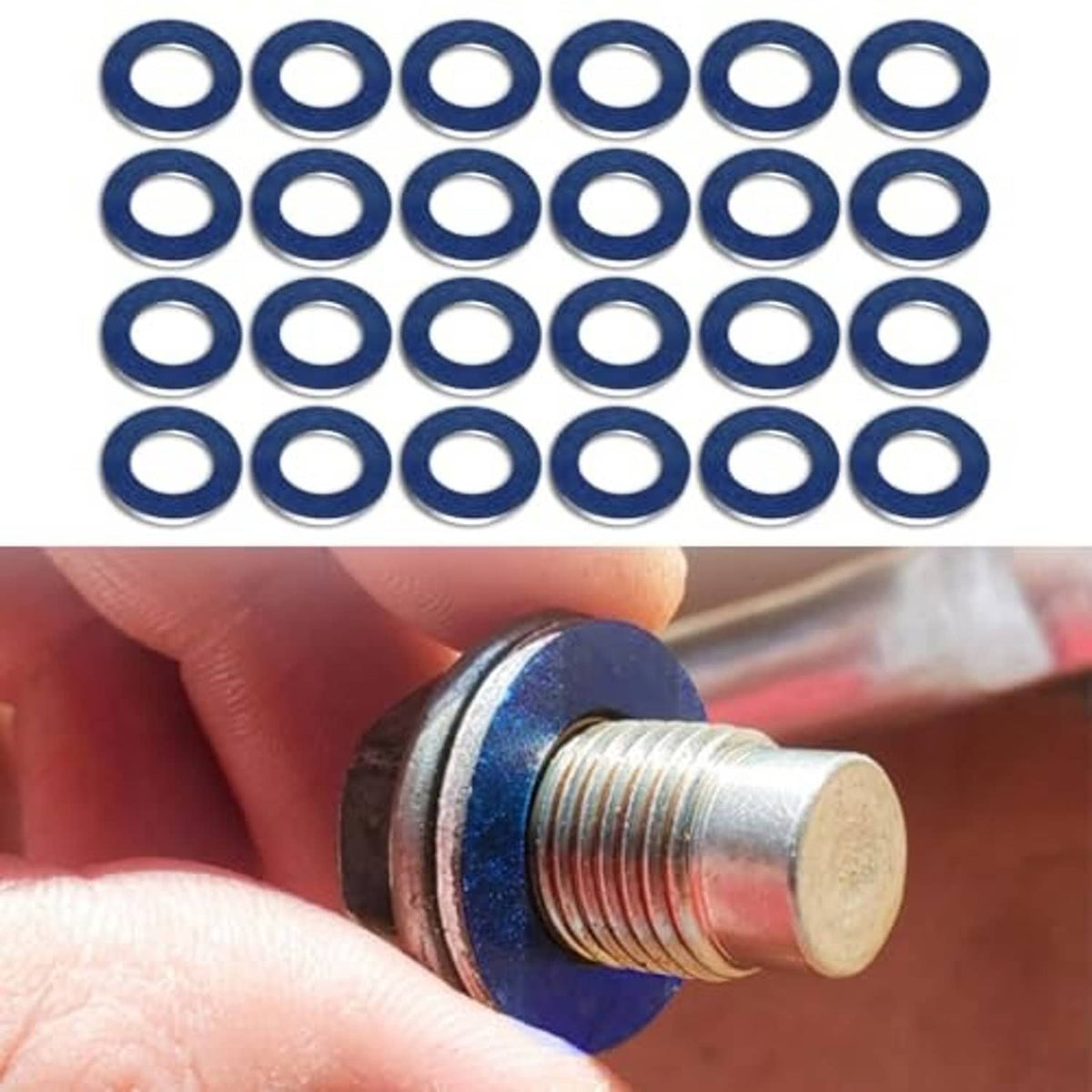 Blue oil drain plug crush washer set with bolt and washer stack close-up