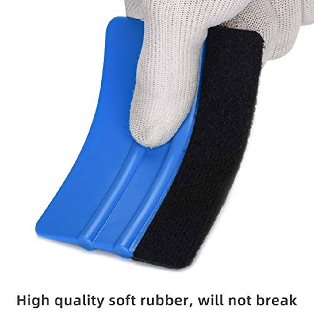 Blue-handled felt edge squeegee with black felt pad, hand holding tool at edge