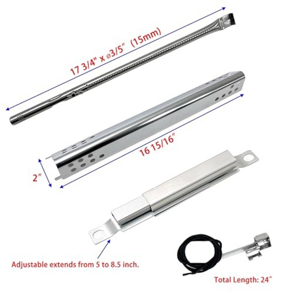 Stainless grill burner tube assembly with adjustable length and crossover tube module